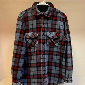 Freedom Foundry Men's Red Gray Black Plaid Shirt Button Up Shirt Jacket, Medium